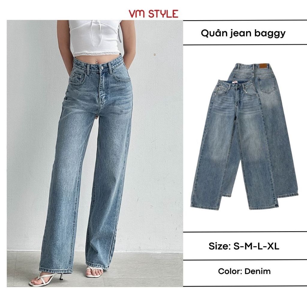 Quần jean ống suông nữ VMSTYLE lưng cao wash cao cấp lai thường basic đi học, đi chơi QJB00119