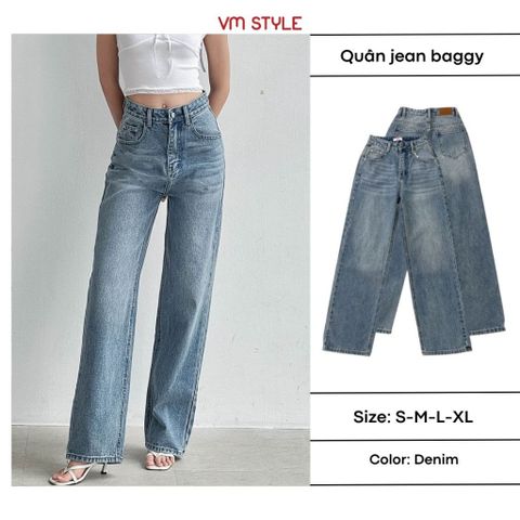 Quần jean ống suông nữ VMSTYLE lưng cao wash cao cấp lai thường basic đi học, đi chơi QJB00119