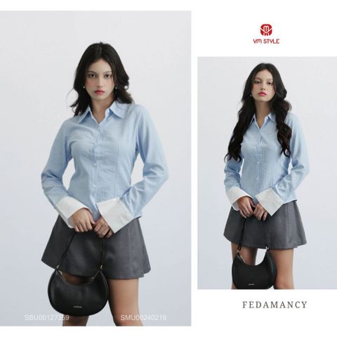 Áo sơ mi kẻ sọc xanh chiết eo VMSTYLE, Áo công sở tay dài form ôm croptop đi làm SMU00231 BST DATELINE