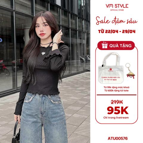 Áo kiểu tay dài nữ VMSTYLE, Áo kiểu form ôm ống tay loe trễ vai lai cuốn biên trơn đi học, đi chơi ATU00576