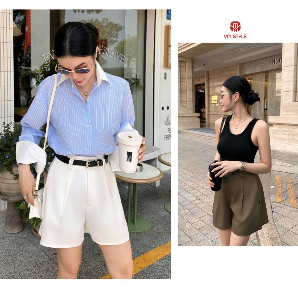 VMSTYLE - Quần short nữ ống rộng , Quần đùi trơn phối nút giả trẻ trung STU00046