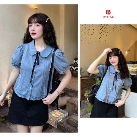 Áo sơ mi tay ngắn VMSTYLE cổ sen viền bèo tay phồng dễ thương đi chơi, đi biển  ASU00493