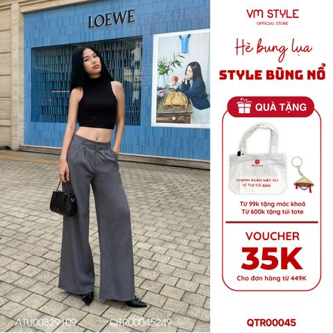 Quần tây ống rộng lưng cao VMSTYLE, Quần âu dáng suông màu ghi đi làm QTR00045 BST Dateline