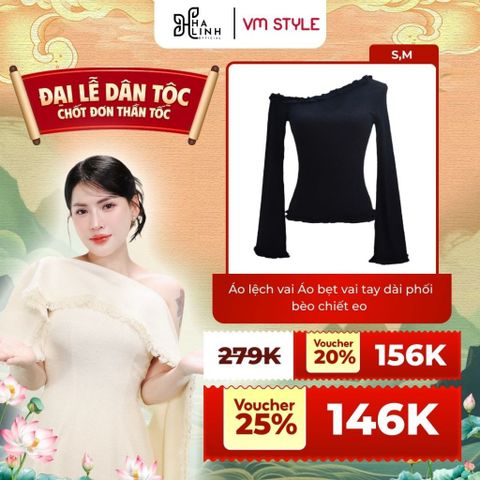 [Võ Hà Linh x VM STYLE] Áo lệch vai VMSTYLE Áo bẹt vai tay dài phối bèo chiết eo đi chơi, đi chụp ảnh ATU00871