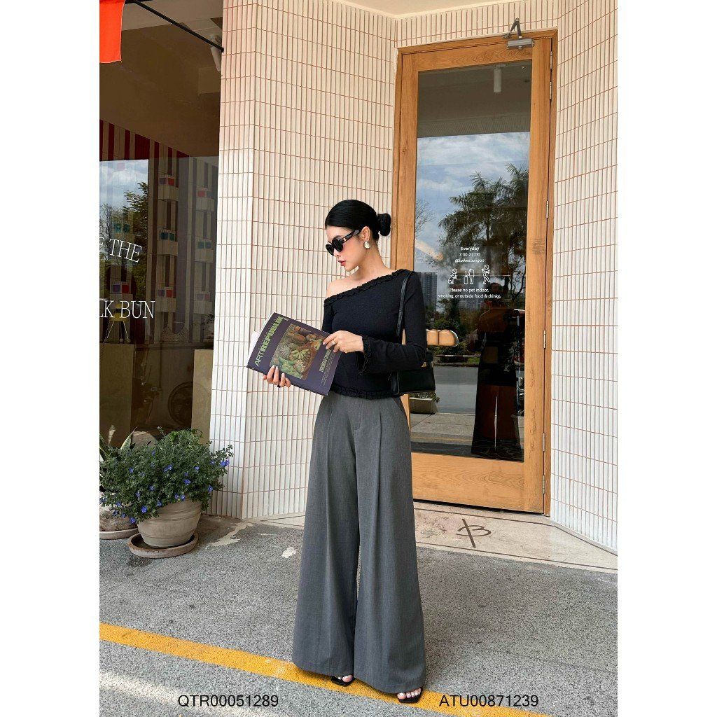VMSTYLE  Áo lệch vai Áo bẹt vai tay dài phối bèo chiết eo đi chơi, đi chụp ảnh ATU00871