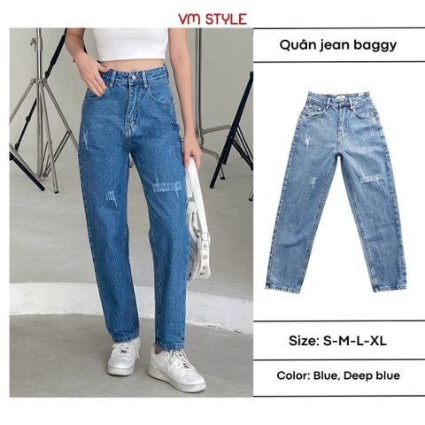 Quần jean nữ VMSTYLE baggy lưng cao tạo xước dáng suông form đẹp đi học, đi chơi - QJB00009