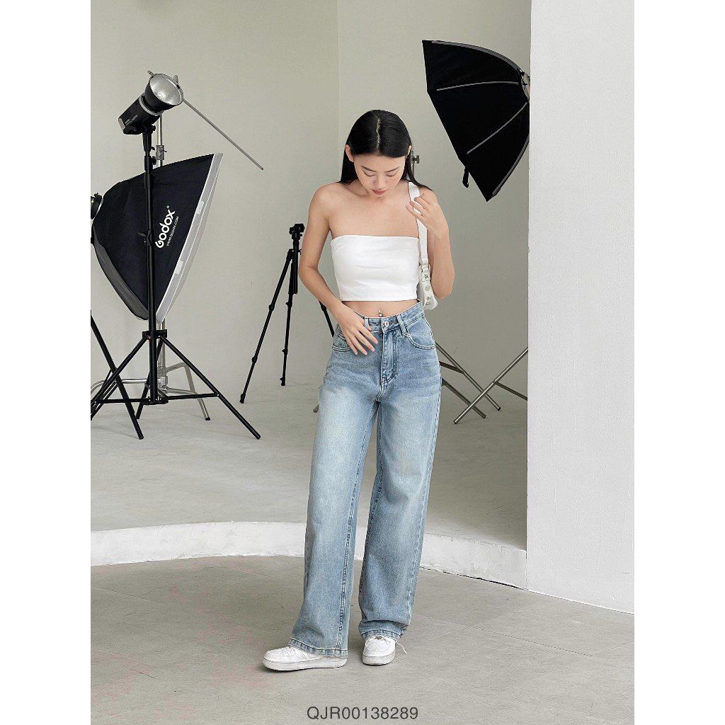 Quần jean ống rộng nữ VMSTYLE trơn lai thường cạp cao basic năng động đi học, đi chơi 407 - QJR00138