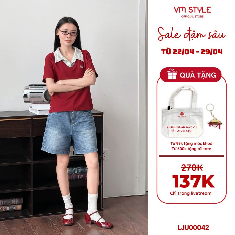Quần jean ngố cạp cao VMSTYLE Short jean ống rộng trơn túi thêu nơ đi học, đi chơi LJU00042