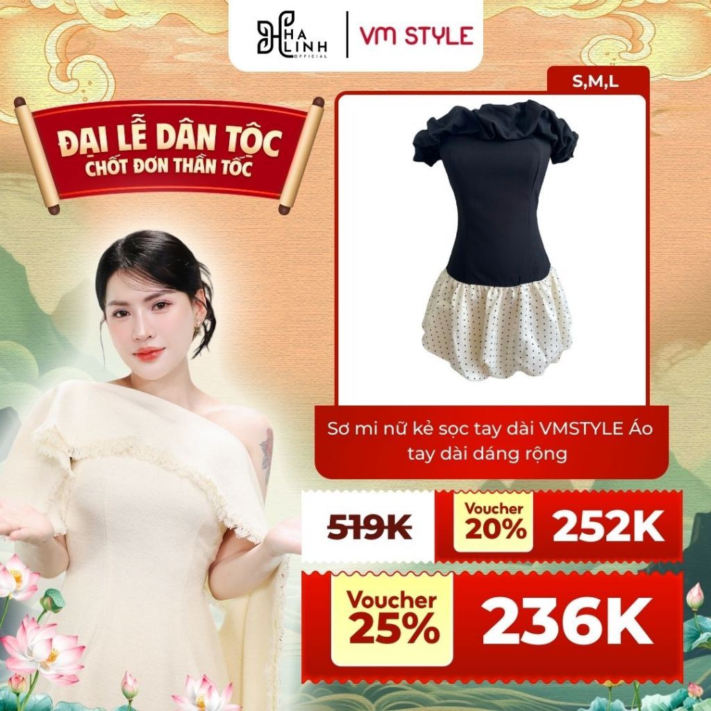 [Võ Hà Linh x VM STYLE] Đầm thiết kế trễ vai ôm body, Váy bí chấm bi vàng đi dự tiệc, đi chơi VDU00549