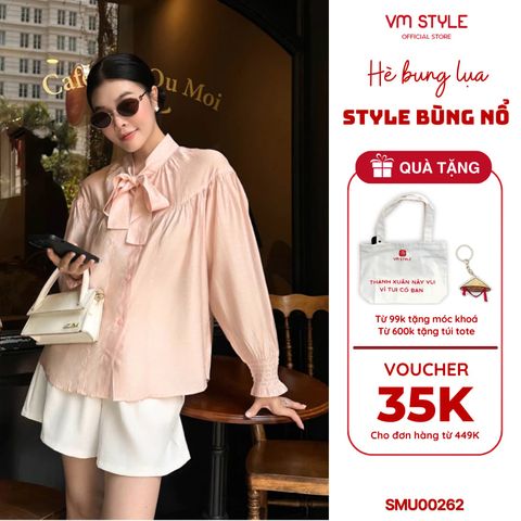 áo sơ mi kiểu nữ thắt nơ VM STYLE, Áo Sơ Mi Tay Phồng Chất Lụa Tơ Cao Cấp Đi Học, Đi Làm SMU00262
