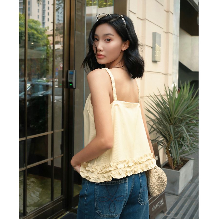 Áo Hai Dây Croptop VM STYLE Áo Hai Dây Có Thun Co Dãn Phối Bèo Kem Dây ASU00627