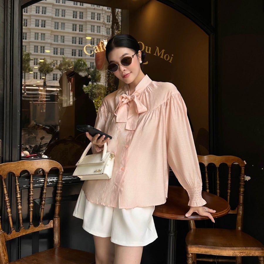 áo sơ mi kiểu nữ thắt nơ VM STYLE, Áo Sơ Mi Tay Phồng Chất Lụa Tơ Cao Cấp Đi Học, Đi Làm SMU00262