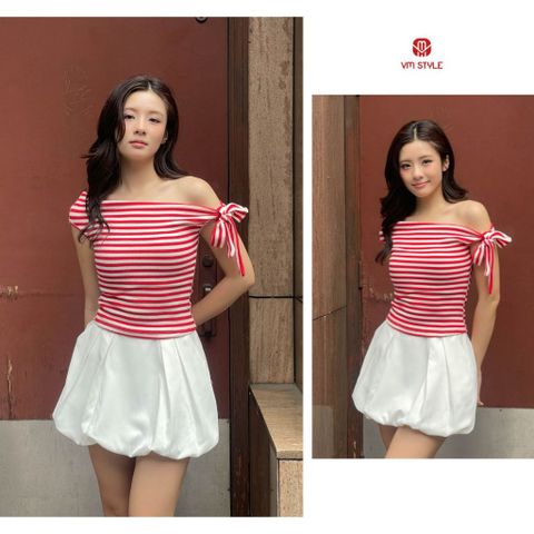 Áo trễ vai cột nơVMSTYLE Áo bẹt vai kẻ sọc chiết eo đi chơi, đi chụp ảnh ATU00929