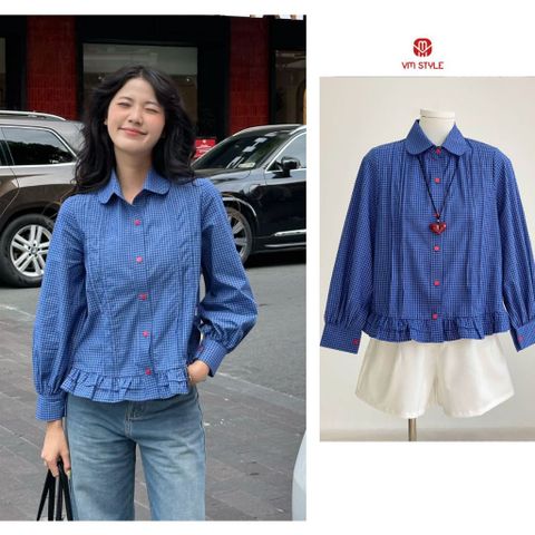 Sơ mi nữ kẻ sọc lai bèo VMSTYLE Áo tay dài dáng rộng SMU00252