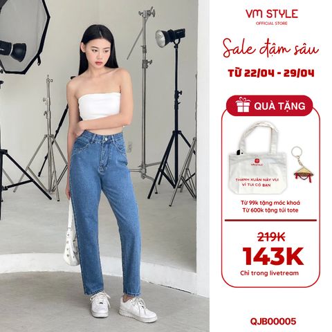Quần jean baggy nữ VMSTYLE kiểu trơn basic cạp cao chuẩn form mặc đi học - N136 Đ146 QJB00005