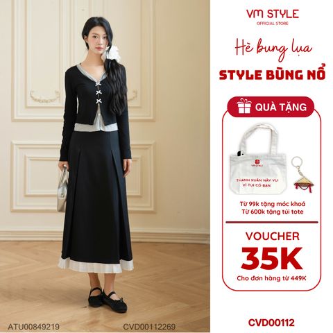 Chân váy chữ A dài phối nơ VMSTYLE, chân váy form xòe xếp ly phối lai CVD00112 - DATELINE