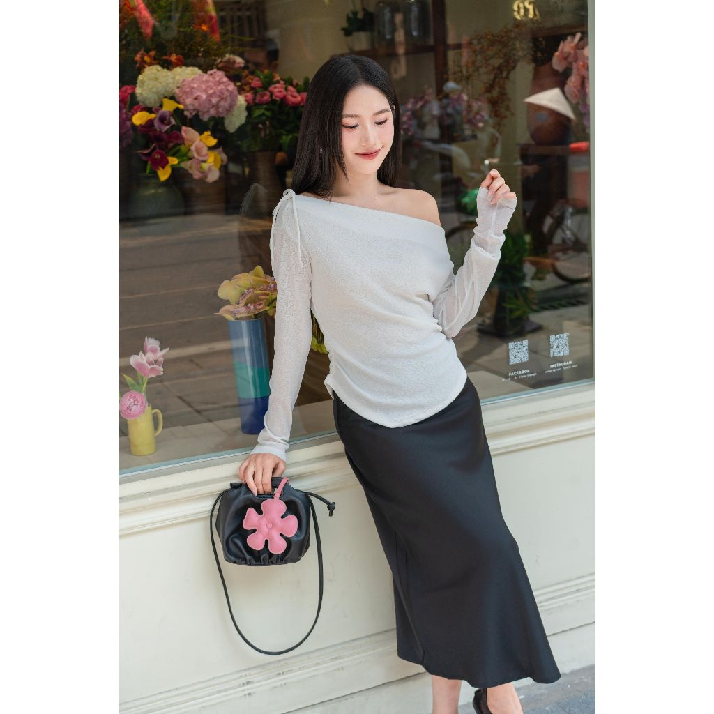 Áo trễ vai tay dài phối nơ VMSTYLE Áo bẹt vai nhiều màu chiết eo đi chơi, đi chụp ảnh ASU00586