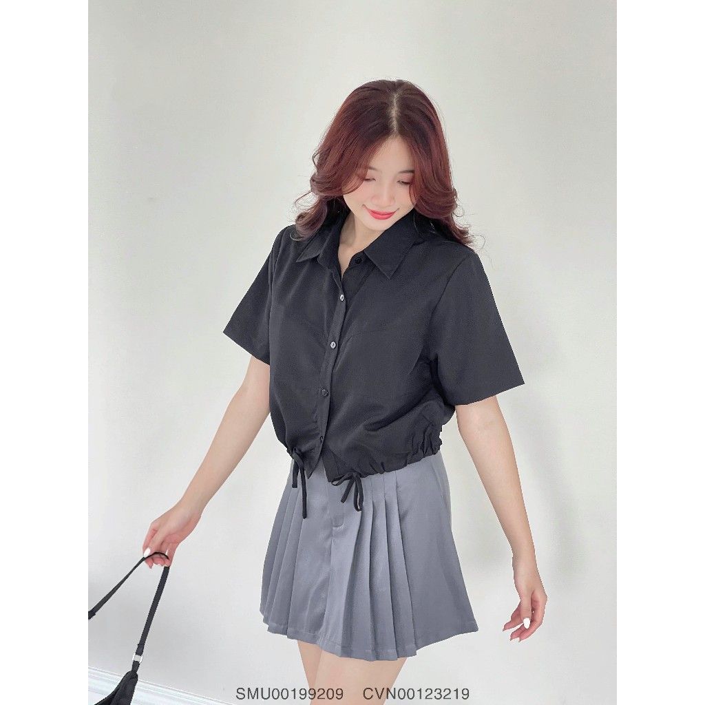 Áo sơ mi nữ VMSTYLE tay ngắn cổ bẻ rút dây eo nhiều màu basic đi học, đi chơi 020602 - SMU00199