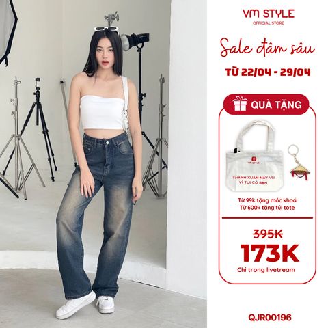 Quần jean ống rộng denim nữ VMSTYLE cạp cao trơn lai thường wash màu cao cấp basic đi học QJR00196