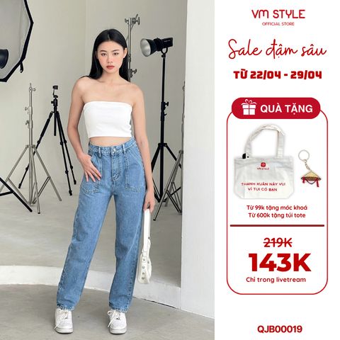 Quần jean baggy nữ VMSTYLE lưng cao túi kiểu trơn (không co giãn) đi học, đi chơi D59-N58 QJB00019