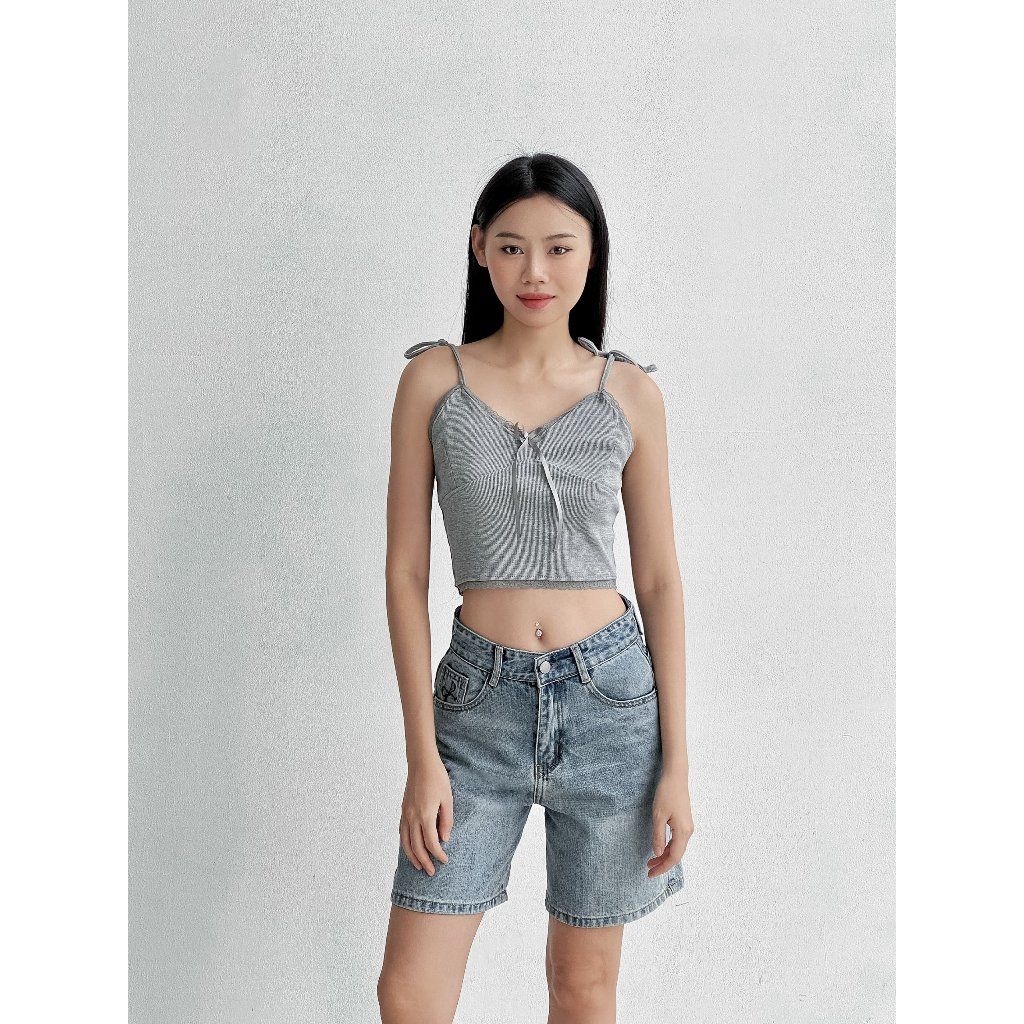 Quần jean ngố nữ VMSTYLE cạp cao, Short jean ống rộng trơn túi thêu nơ, wash eo cao cấp đi học, đi chơi LJU00035