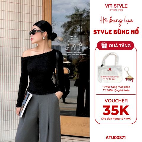[Võ Hà Linh x VM STYLE] Áo lệch vai VMSTYLE Áo bẹt vai tay dài phối bèo chiết eo đi chơi, đi chụp ảnh ATU00871