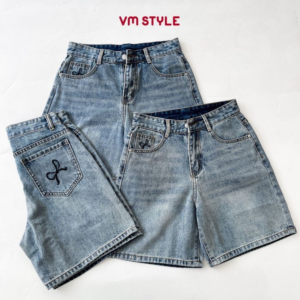 Quần jean ngố nữ VMSTYLE cạp cao, Short jean ống rộng trơn túi thêu nơ, wash eo cao cấp đi học, đi chơi LJU00035