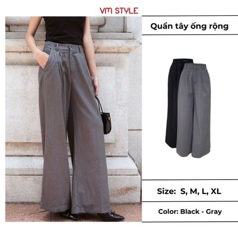 Quần tây ống rộng lưng cao VMSTYLE, Quần âu dáng suông màu ghi đi làm QTR00045 BST Dateline