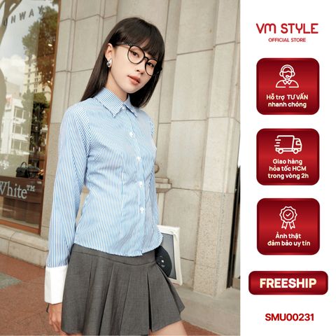 Áo sơ mi kẻ sọc xanh chiết eo VMSTYLE, Áo công sở tay dài form ôm croptop đi làm SMU00231 BST DATELINE