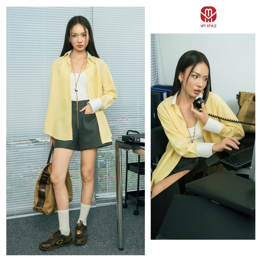 Áo Sơ Mi VM STYLE Chất Đũi Hàn Quốc Form Rộng Họa Tiết Sọc Phối Đơn Giản SMU00251