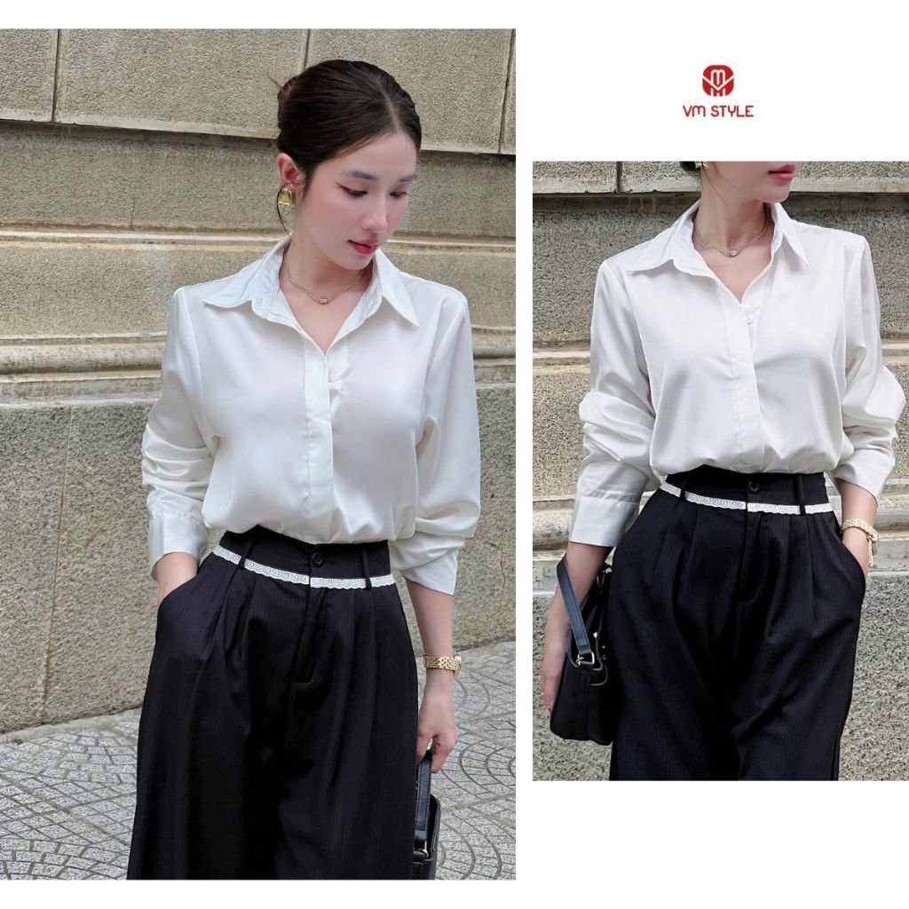 Áo sơ mi lụa tay dài VMSTYLE Áo sơ mi trắng trơn form basic đi làm, đi học SMU00233