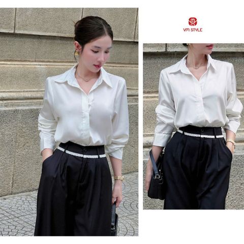 Áo sơ mi lụa tay dài VMSTYLE Áo sơ mi trắng trơn form basic đi làm, đi học SMU00233