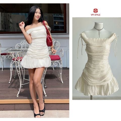 Đầm thiết kế trễ vai ôm body chấm bi VMSTYLE Váy nữ chiết eo cột nơ đi dự tiệc VDU00547