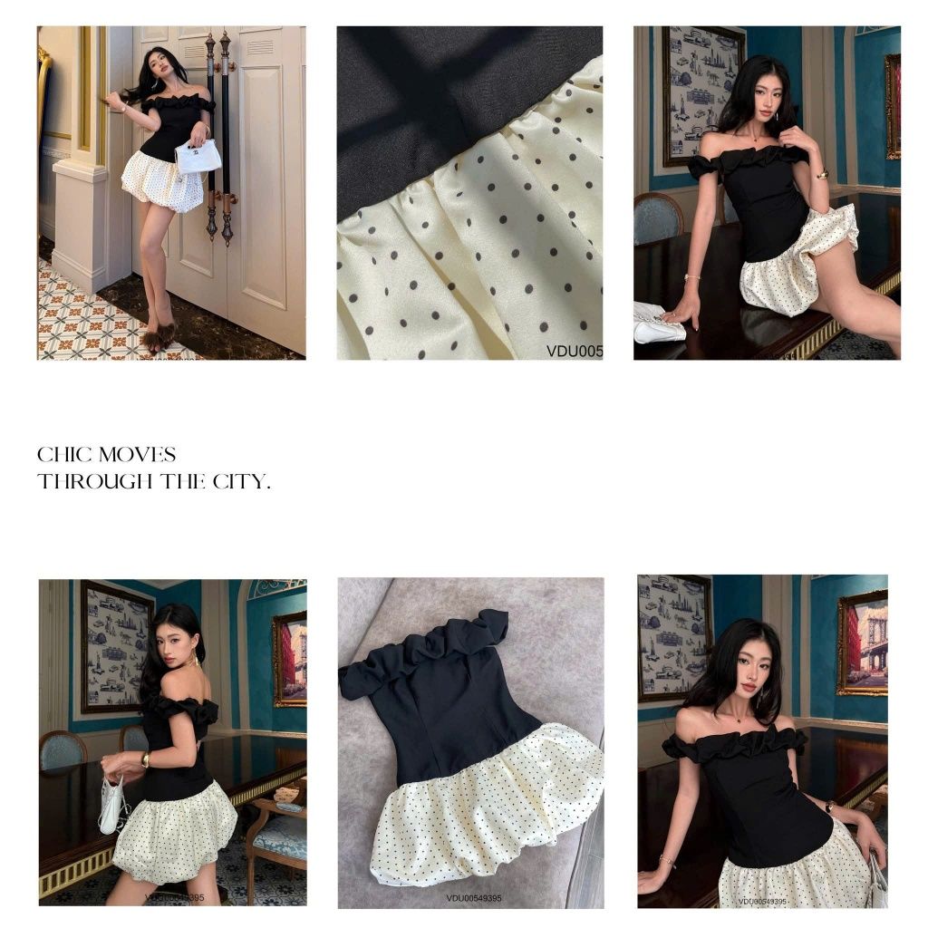 Đầm thiết kế trễ vai ôm body VMSTYLE Váy bí chấm bi vàng đi dự tiệc, đi chơi VDU00549