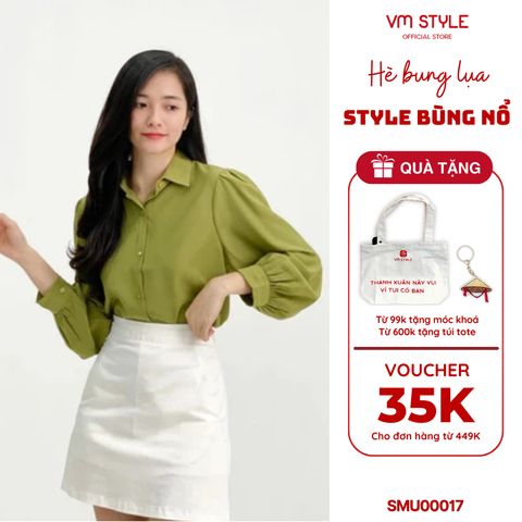 Áo sơ mi nữ tay dài, sơ mi công sở VM STYLE thiết kế tay phồng form rộng basic đi chơi, đi học, đi làm  - SMU00017