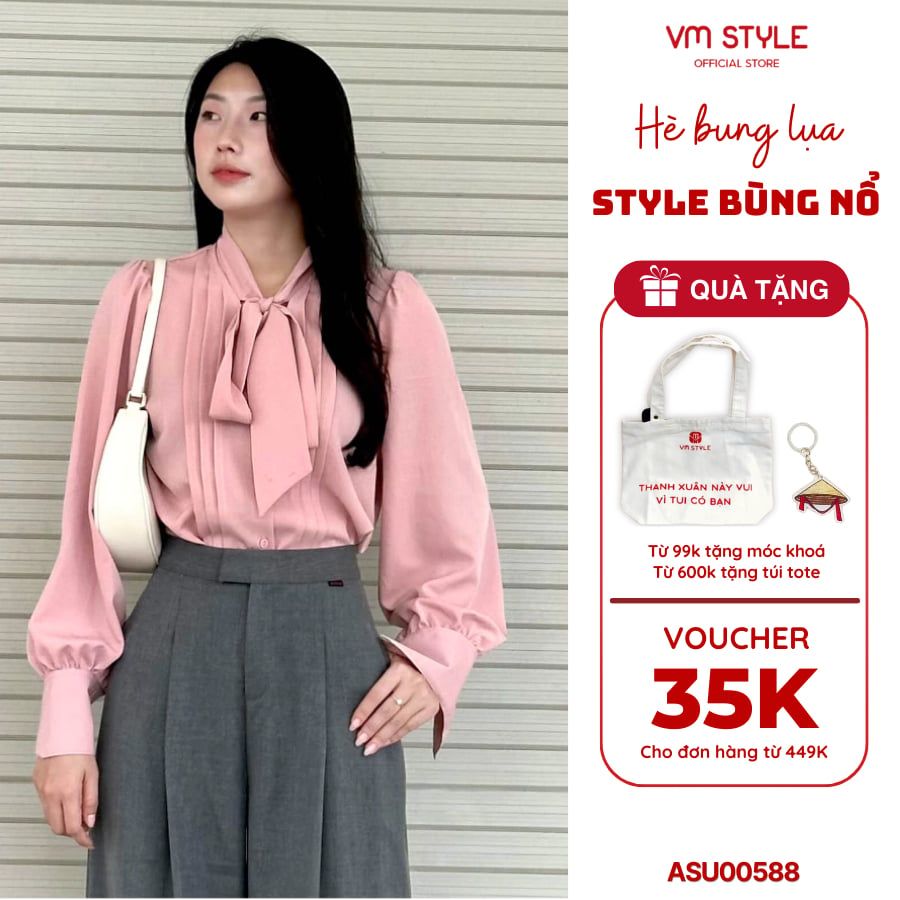 Áo Sơ Mi NữThắt Nơ VM STYLE Form Suông Tay Phồng Họa Tiết Xếp Ly Cao Cấp  ASU00588