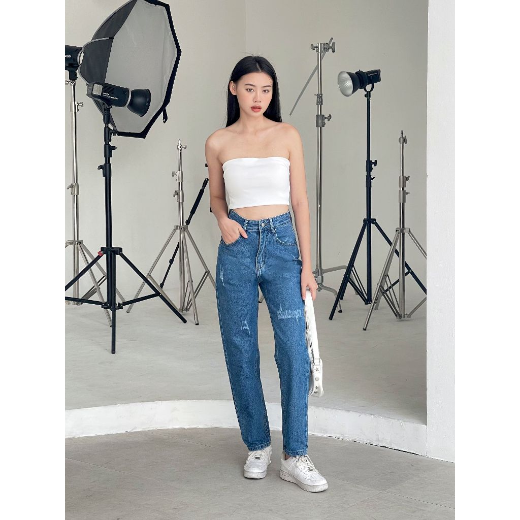 Quần jean nữ VMSTYLE baggy lưng cao tạo xước dáng suông form đẹp đi học, đi chơi - QJB00009