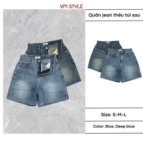 Quần jean ngố cạp cao VMSTYLE Short jean ống rộng trơn túi thêu nơ đi học, đi chơi LJU00042