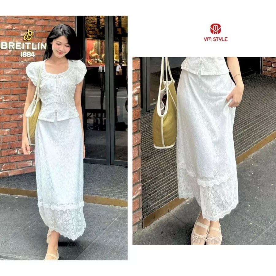 [Võ Hà Linh x VM STYLE] Chân váy ren dáng dài, 2 lớp lót họa tiết hoa lưng thun đi chơi, đi chụp ảnh CVD00116