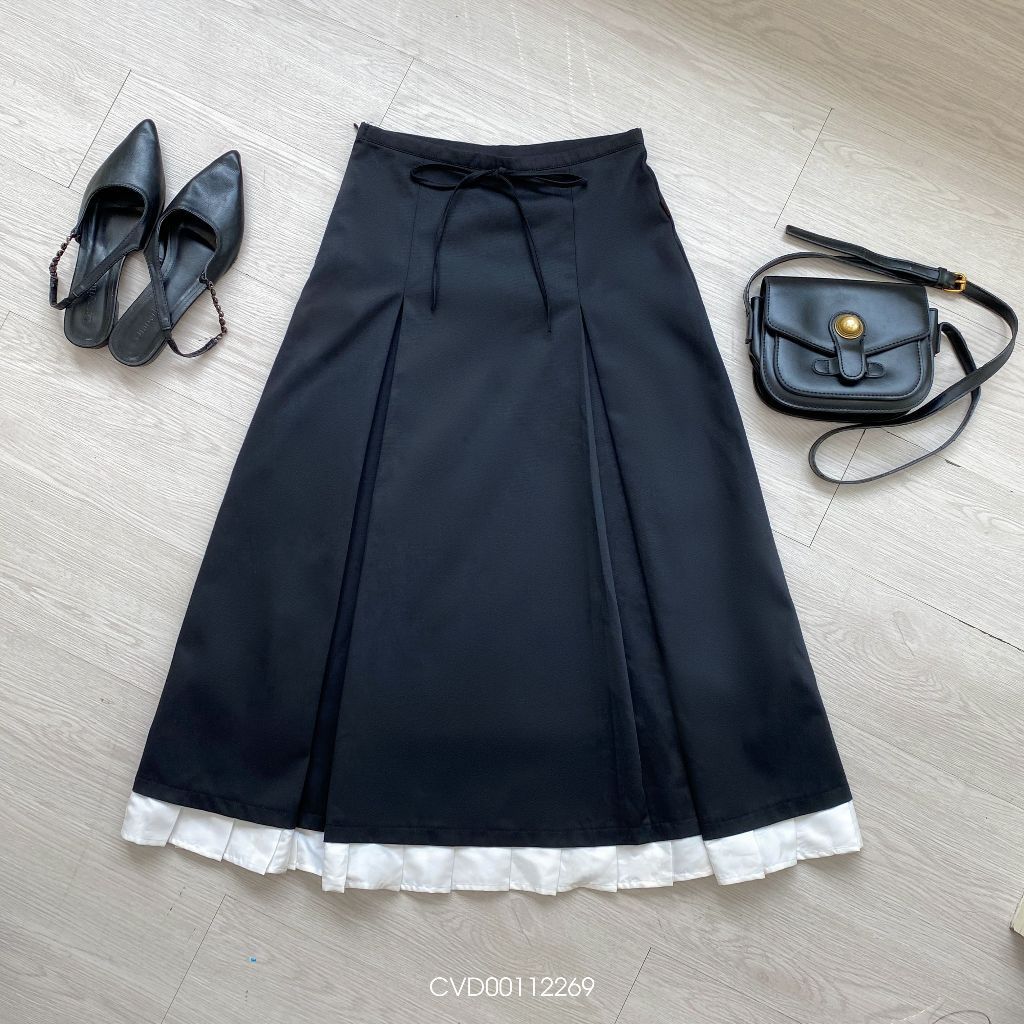 Chân váy chữ A dài phối nơ VMSTYLE, chân váy form xòe xếp ly phối lai CVD00112 - DATELINE