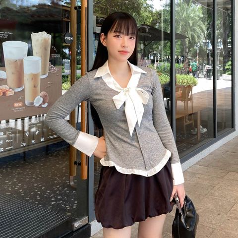 Áo Tay Dài VM STYLE Kiểu Sơ Mi Cột Nơ Viền Bèo Chất Thun Co Dãn ASU00628
