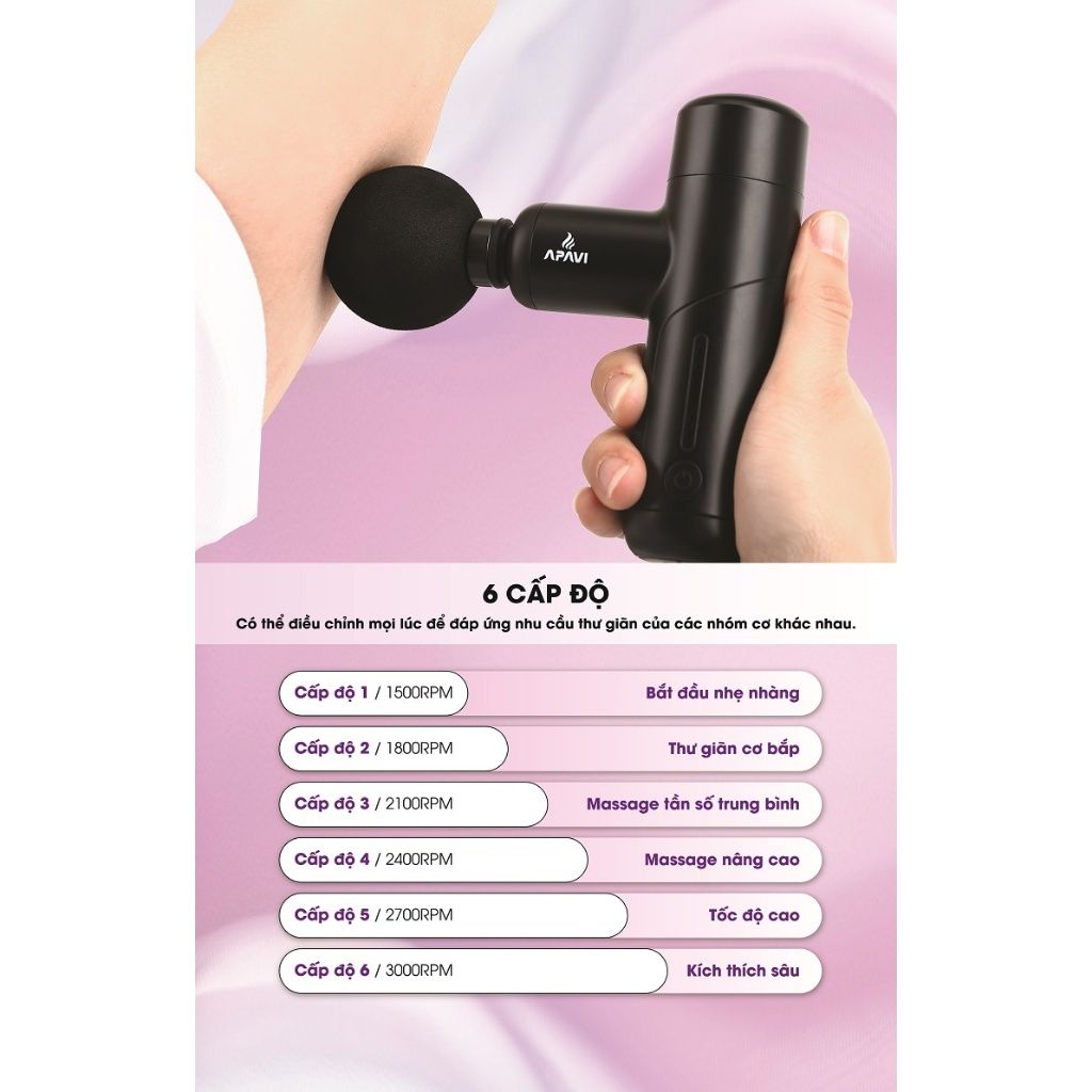 Máy mát xa cầm tay Apavi nhỏ gọn cầm tay 6 mức, 4 đầu mát xa giảm căng cơ khi tập luyện