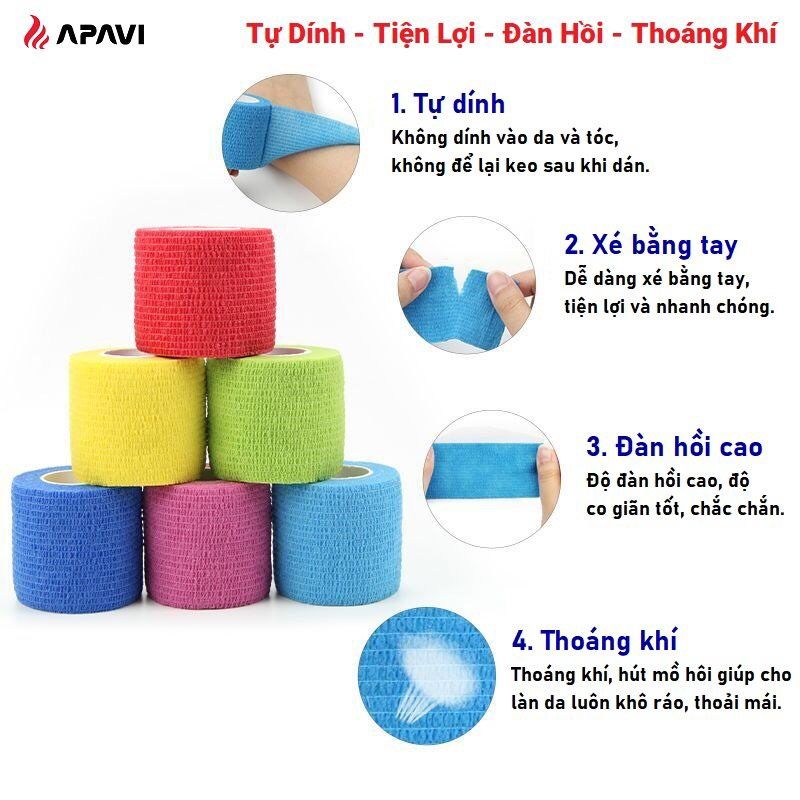 Băng keo thể thao APAVI 5CM, tự dính, độ đàn hồi cao, thoáng khí, thấm hút mồ hôi tốt.