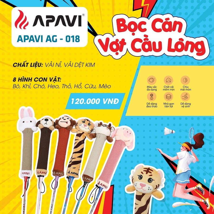 Bọc cán vợt cầu lông Apavi chính hãng, vải nỉ sướng tay, bảo vệ cán vợt, hình ngộ nghĩnh đáng yêu.