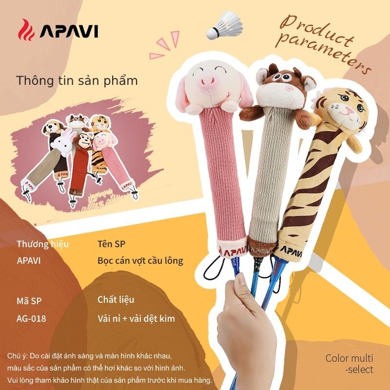 Bọc cán vợt cầu lông Apavi chính hãng, vải nỉ sướng tay, bảo vệ cán vợt, hình ngộ nghĩnh đáng yêu.
