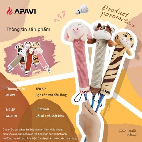 Bọc cán vợt cầu lông Apavi chính hãng, vải nỉ sướng tay, bảo vệ cán vợt, hình ngộ nghĩnh đáng yêu.