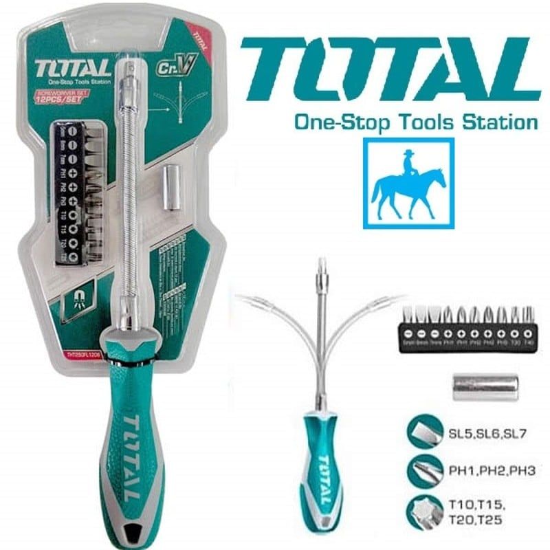  Bộ tuốc nơ vít thay đổi trục linh hoạt 12 chi tiết Total THT250FL1206 