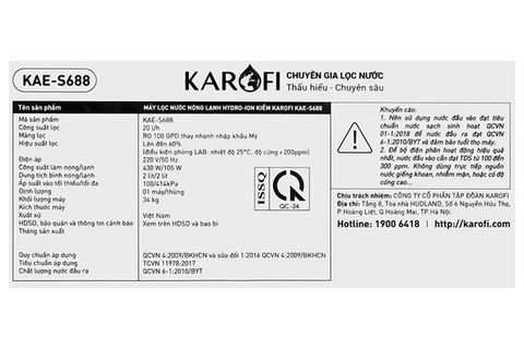 Máy lọc nước RO nóng nguội lạnh Hydrogen ion kiềm Karofi KAE-S688 12 lõi