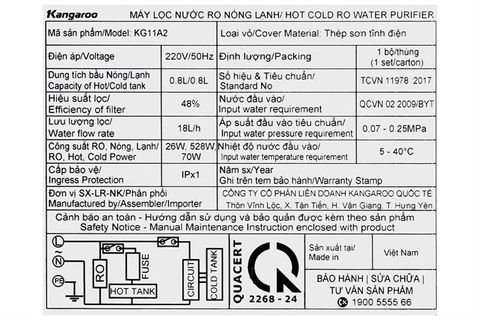 Máy lọc nước RO nóng nguội lạnh Hydrogen Kangaroo KG11A2 11 lõi