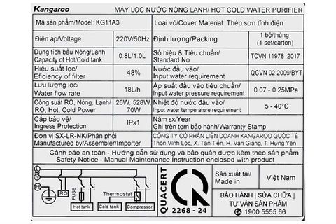 Máy lọc nước RO nóng nguội lạnh Hydrogen Kangaroo KG11A3 11 lõi